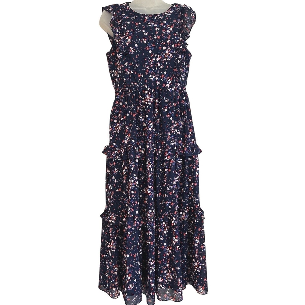 J. Crew Dark Floral Maxi Midi Dress Sz 2 Sleeveless Ruffle Tiered Zip Back Lined